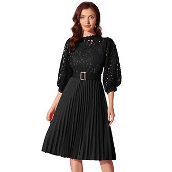 Women's Floral Lace Dress 3/4 Sleeves Belted Panel A-line Pleated Dresses
