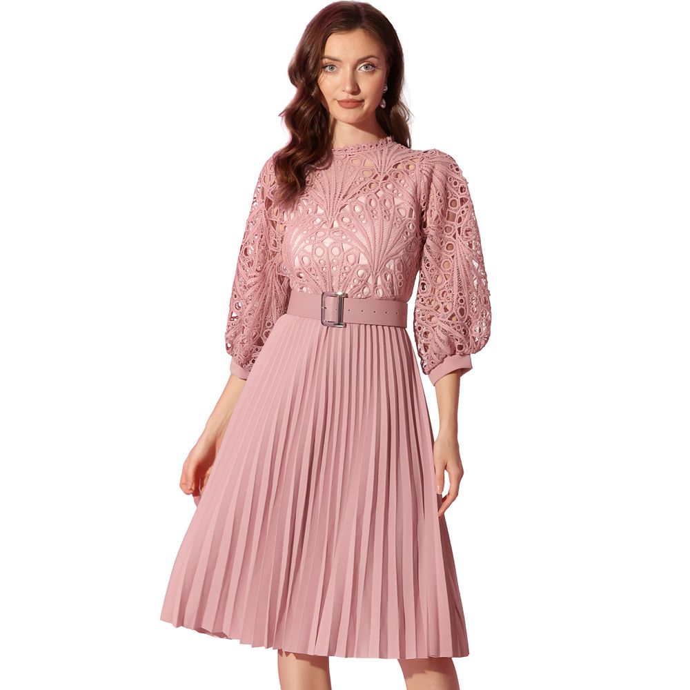 Women's Floral Lace Dress 3/4 Sleeves Belted Panel A-line Pleated