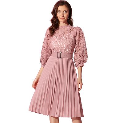 Women s Floral Lace Dress 3 4 Sleeves Belted Panel A line Pleated Dresses
