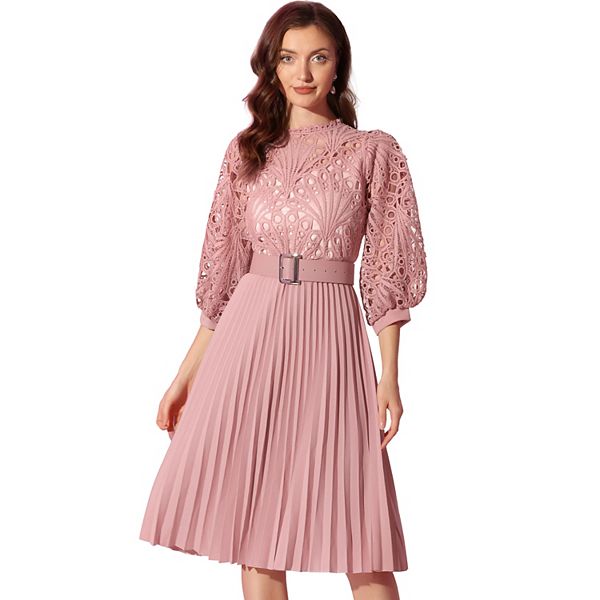 Women's Floral Lace Dress 3/4 Sleeves Belted Panel A-line Pleated