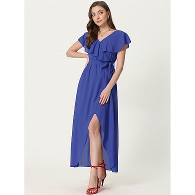 Summer Chiffon Dress For Women Ruffled Sleeve V Neck Wrap Maxi Dresses