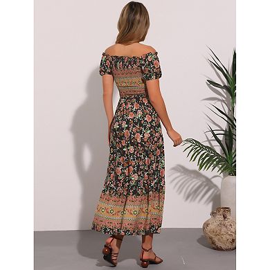 Boho Floral Dress For Women Square Neck Midi Smocked Dress