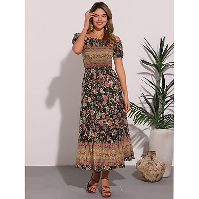 Boho Floral Dress For Women Square Neck Midi Smocked Dress