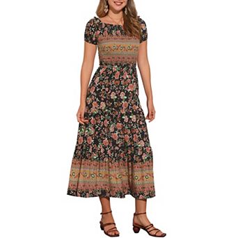 Boho Floral Dress for Women Square Neck Midi Smocked Dress