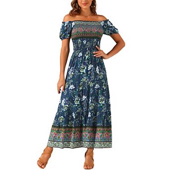 Boho Floral Dress for Women Square Neck Midi Smocked Dress