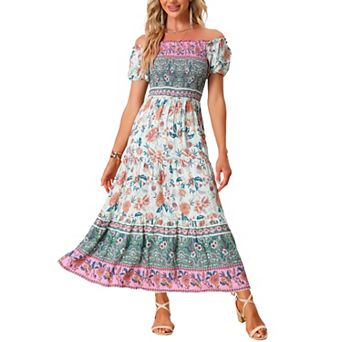 Boho Floral Dress for Women Square Neck Midi Smocked Dress