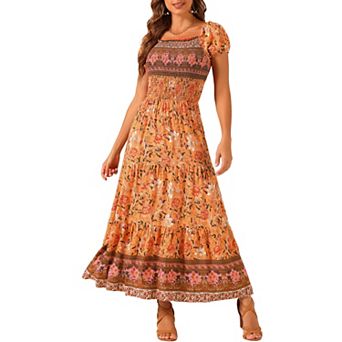 Boho Floral Dress for Women Square Neck Midi Smocked Dress