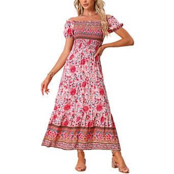 Boho Floral Dress for Women Square Neck Midi Smocked Dress