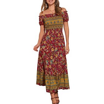 Boho Floral Dress for Women Square Neck Midi Smocked Dress