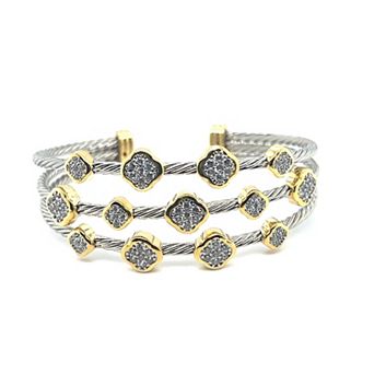 Juvell Two-Tone 18k Gold Plated Cubic Zirconia Triple-Row Medallion Bangle Bracelet