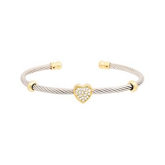 Juvell Two-Tone 18k Gold Plated Cubic Zirconia Heart & Bead Station Bangle Bracelet