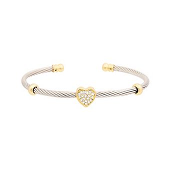 Juvell Two-Tone 18k Gold Plated Cubic Zirconia Heart & Bead Station Bangle Bracelet