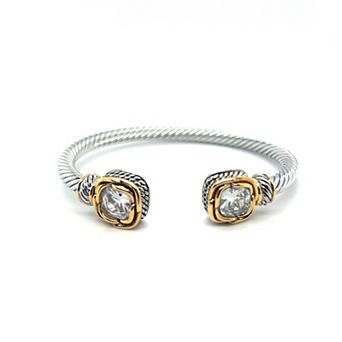 Juvell Two-Tone 18k Gold Plated White Topaz Textured Ends Bangle Bracelet