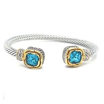 Juvell Two-Tone 18k Gold Plated Blue Topaz Textured Ends Bangle Bracelet