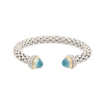 Juvell Two-Tone 18k Gold Plated Blue Topaz Dome Ends Bangle Bracelet