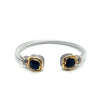 Juvell Two-Tone 18k Gold Plated Lab-Created Onyx Textured Ends Cuff Bracelet