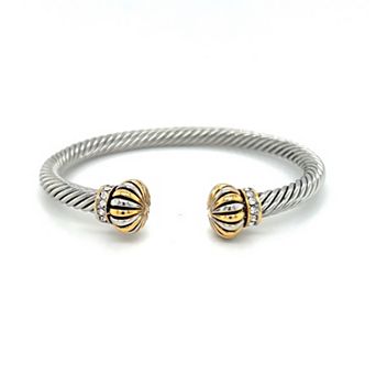 Juvell Two-Tone 18k Gold Plated Cubic Zirconia Ribbed Ends Cuff Bracelet