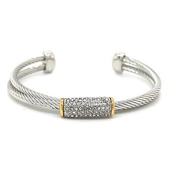 Juvell Two-Tone 18k Gold Plated Cubic Zirconia Cylinder Cuff Bracelet