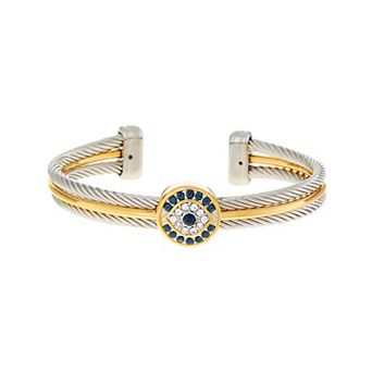 Juvell Two-Tone 18k Gold Plated Blue & Clear Cubic Zirconia Evil Eye Cuff Bracelet