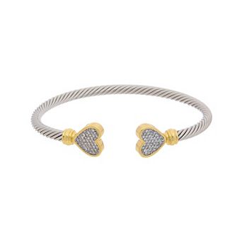 Juvell Two-Tone 18k Gold Plated Cubic Zirconia Pave Heart Ends Cuff Bracelet