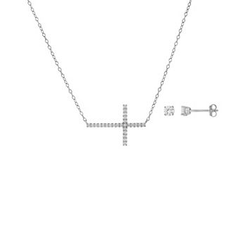 PRIMROSE Sterling Silver Cubic Zirconia Cross Necklace & Stud Earrings Set