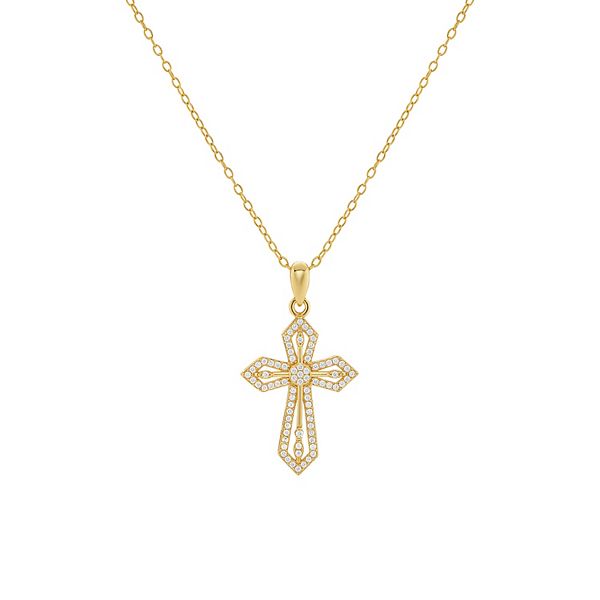 PRIMROSE Sterling Silver Cubic Zirconia Textured Cross Pendant Necklace - Gold Tone White