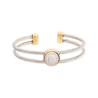 Juvell Two-Tone 18k Gold Plated Cubic Zirconia Pave Medallion Cuff Bracelet