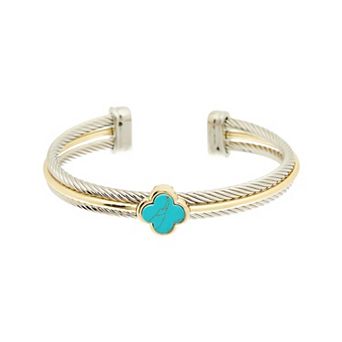 Juvell Two-Tone 18k Gold Plated Simulated Turquoise Blossom Medallion Cuff Bracelet