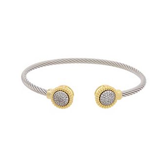 Juvell Two-Tone 18k Gold Plated Cubic Zirconia Pave Medallion Ends Cuff Bracelet