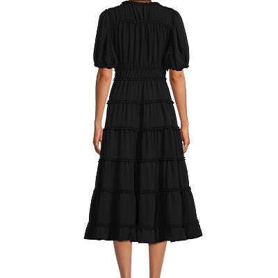Women's Focus By Shani Fit and Flare Lightweight Woven Dress with Ruffle Detail, Size: 2, Black