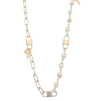 Juvell 18K Gold Plated Lock and Key Simulated Pearl Necklace