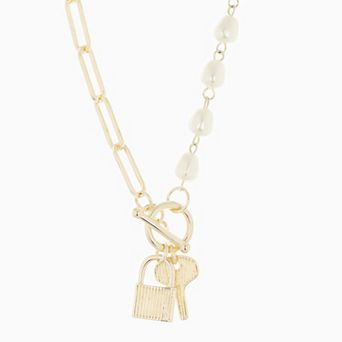 Juvell 18K Gold Plated Simulated Pearl Lock and Key Necklace