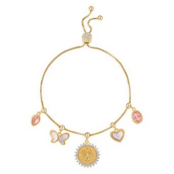 Brilliance 18k Gold Flash Plated Cubic Zirconia & Mother Of Pearl Teardrop, Butterfly, Family Tree Disc, Heart & Oval Charm Adjustable Slider Bracelet