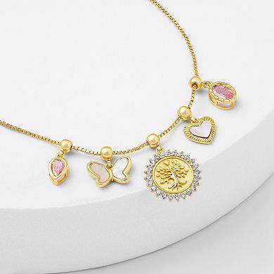 Brilliance 18k Gold Flash Plated Cubic Zirconia & Mother Of Pearl Teardrop, Butterfly, Family Tree Disc, Heart & Oval Charm Adjustable Slider Bracelet