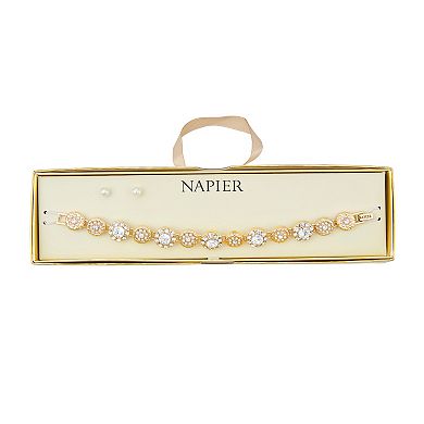 Napier Crystal Bracelet & Simulated Pearl Stud Earring Set