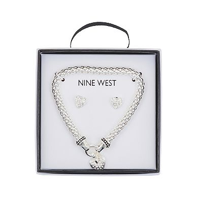 Nine West Silver Tone Crystal Pave Heart Bracelet & Stud Earring Set