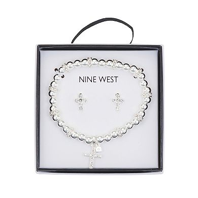 Nine West Silver Tone Crystal Cross Charm Bracelet & Stud Earring Set