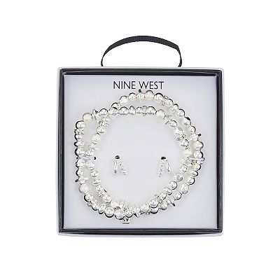 Nine West Silver Tone Crystal Pave 2 Row Rondelle Bracelet & Stud Earring Set