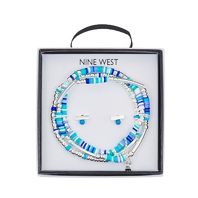 Nine West Silver Tone Colorful 3 Row Beaded Bracelet & Stud Earring Set