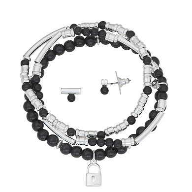 Nine West Silver Tone 3 Row Beaded Lock Charm Bracelet & Stud Earring Set