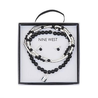 Nine West Silver Tone 3 Row Beaded Lock Charm Bracelet & Stud Earring Set