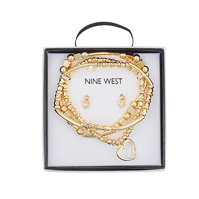 Nine West Gold Tone 3 Row Beaded Heart Bracelet & Stud Earring Set