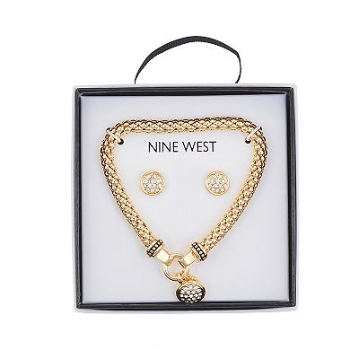 Nine West Gold Tone Crystal Pave Bracelet & Stud Earring Set