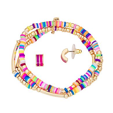Nine West Gold Tone Colorful 3 Row Beaded Bracelet & Stud Earring Set