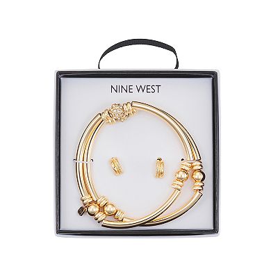Nine West Gold Tone Crystal 2 Row Rondelle Bracelet & Stud Earring Set