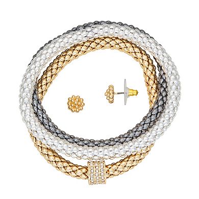 Nine West Tri-Tone 3 Row Stretch Bracelet & Stud Earring Set