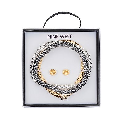 Nine West Tri-Tone 3 Row Stretch Bracelet & Stud Earring Set