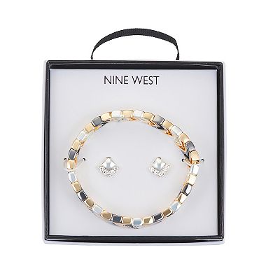 Nine West Tri-Tone Herringbone Bracelet & Stud Earring Set