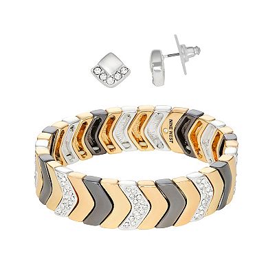 Nine West Tri-Tone Herringbone Bracelet & Stud Earring Set