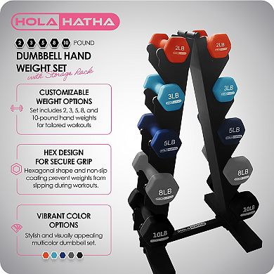 Holahatha 2, 3, 5, 8 & 10 Pound Neoprene Dumbbell Weight Set With Storage Rack